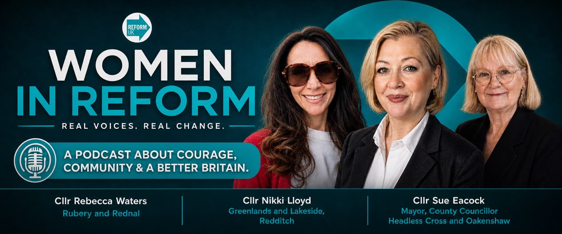 Women in Reform podcast banner featuring Cllr Rebecca Waters, Cllr Nikki Lloyd and Mayor Sue Eacock. A podcast about courage, community and a better Britain.